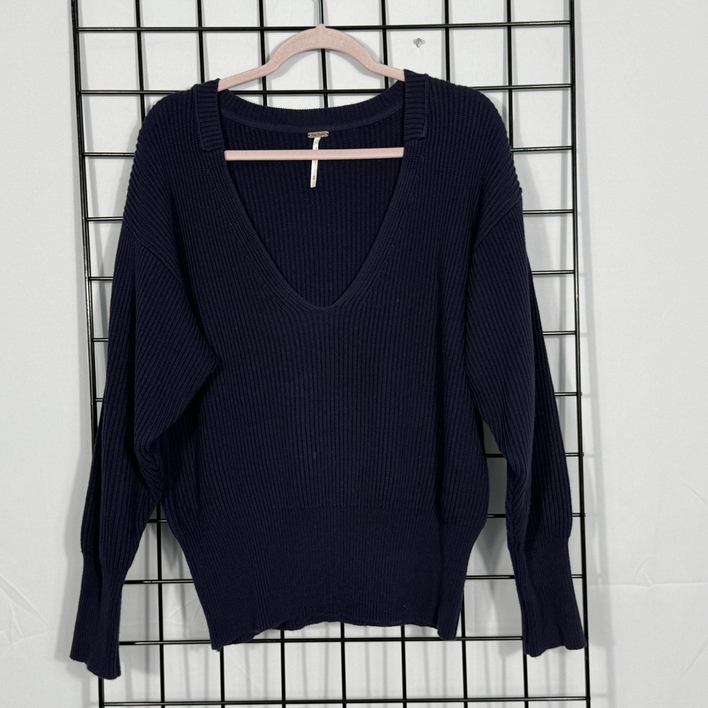 Free People Allure Ribbed Knit Slouchy Sweater Womens M Medium Blue V-Neck Cinch